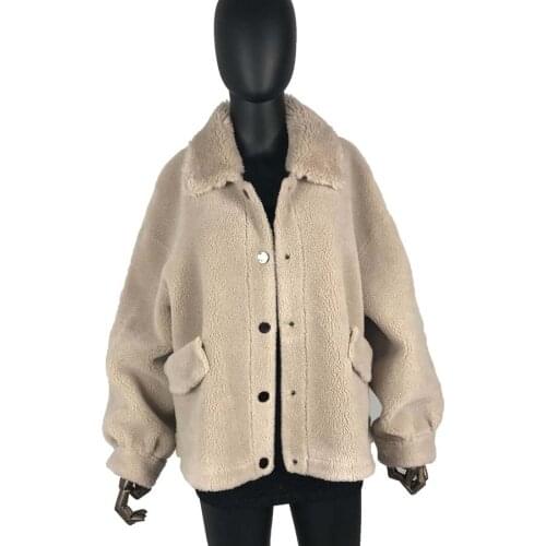 Wool Blends Winter Coat Jacket With Button Granule Sheep Shearing Outerwear Oversized Teddy Bear Turn-Down Collar