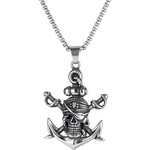 Vintage Stainless Steel Viking Skull Anchor Men Pendant Necklace Punk Streetwear Rock Hip Hop Jewelry Goth Accessories Necklace
