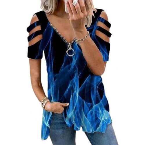 Women T-Shirts Casual V Neck oversized T-shirt Print Short Sleeve Hollow Zipper Loose Top T-shirt Pullover футболка оверсайз