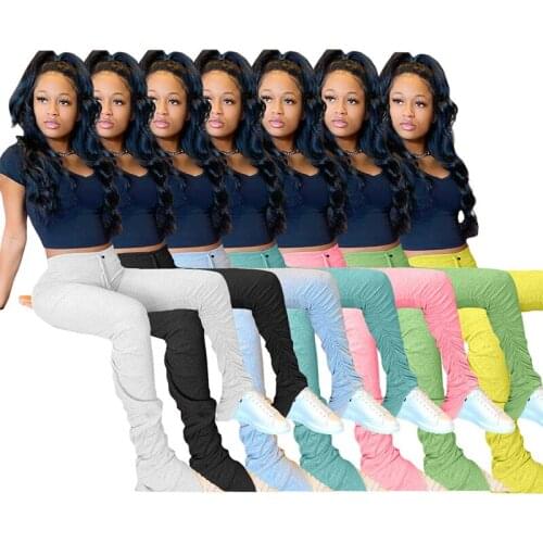 7 Colors Ladies Pleated High Waist Stacked Leggings Joggers Sweatpants Elastic Flare Pants Women Bell Bottom Ruched Trouser