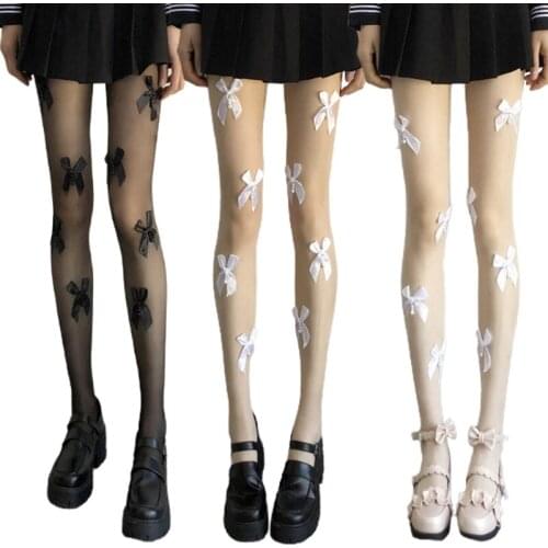 Women Sexy Sheer Silky Pantyhose Lolita Sweet Satin Bow Pearl Tights Stockings