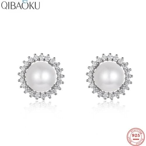 S925 Sterling Silver Stud Earrings Round Zircon Natural White Pearl Earrings for Women Ear Jewelry Shiny Luxury Earrings