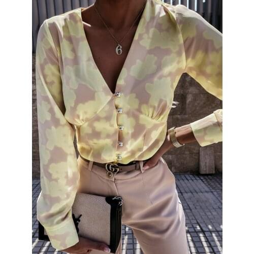 Women Loose Casual Button Down Shirts Sexy Deep V Neck Long Sleeve Floral Print Slim Fitted Tops for Spring Autumn