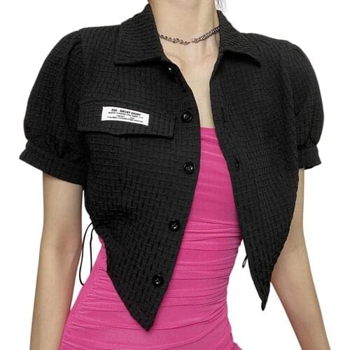 Women Button-down Crop Tops Adults Letter Label Puff Sleeve Turn-down Collar Cardigan with Drawstring