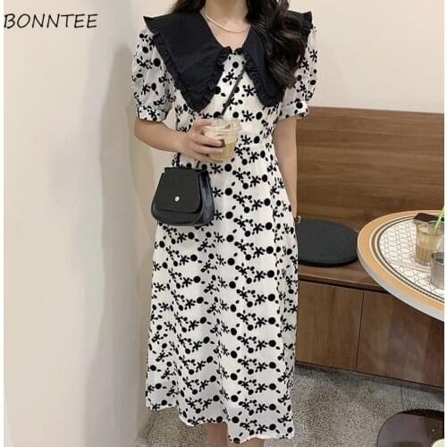 Short Sleeve Dress Women Printed Elegant A-line Summer Lovely Korean Style Leisure College Empire Sweet Girlish Popular Newest