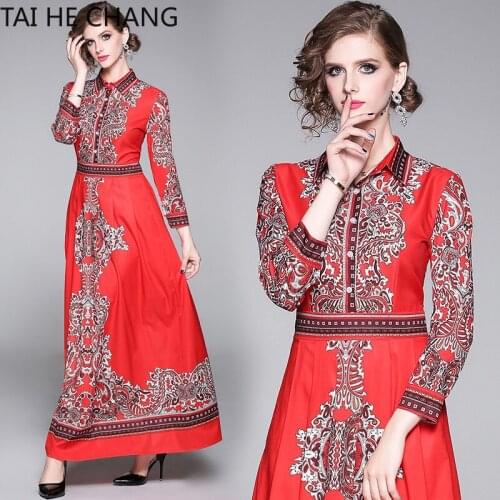 Women Dress New Fashion Retro Spring Summer Elegant Slim Bodycon Vintage Party Runway Print Shirt Office Work Maxi Dresses