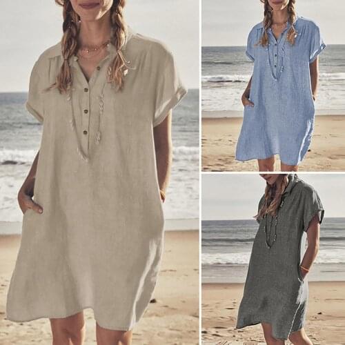 2021 Shirt Dress Solid Color Pockets Women Short Sleeve Lapel Buttons Dress Summer Casual Short Dress Work Office Vestidos