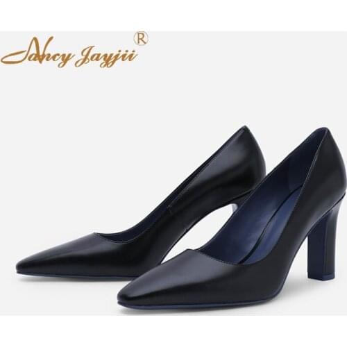 Winter shallow shoes black leather 5cm mid-heeled shallow toe elegant dress autumn womens shoes 2019 custom large size