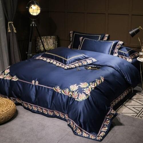 120S Egyptian Cotton blue purple Embroidery Luxury Bedding Set 4pcs King Queen Wedding Bed Sheet Cover set Duvet cov Pillowcase