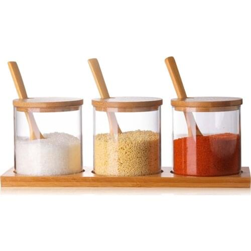 3pc/set Seasoning Kit with Spoon Tray Seasoning Condiment Bottles Kitchen Salt Peppers Sugar Storage Spice Box Multi-purpose Jar