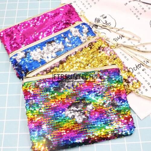 50pcs Mermaid Sequins Handbag Girl Glittering Purse Wallet Zipper Clutch Bag Makeup Cosmetic Storage Bag 25.5x18cm