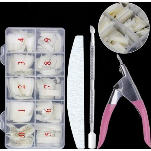 500pcs Coffin Nail Tips Transparent Nail Capsule Cutter Clipper Scissors Nail File Grinding Sanding Buffer Block Manicure Kit