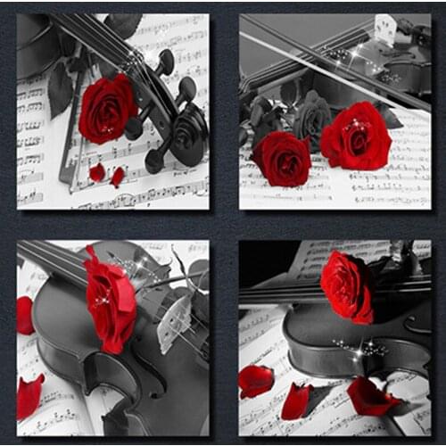 5D DIY Diamond Painting red rose 4pcs Diamond Mosaic Full Rhinestone Embroidery flower and violin Picture Cross Stitch