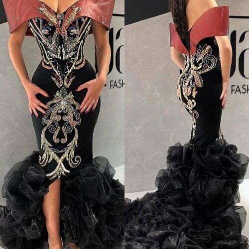 Arabic Front Split Evening Dresses Off The Shoulder Beaded Ruffles Plus Size Mermaid Prom Party Gowns Special Occassion Dress