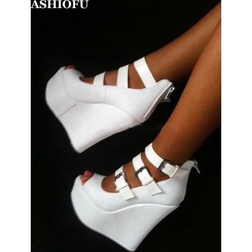 ASHIOFU Classic Handmade Ladies Wadge Heel Sandals Three-buckle Straps Peep-toe Party Shoes Sexy Evening Fashion Sandals Shoes