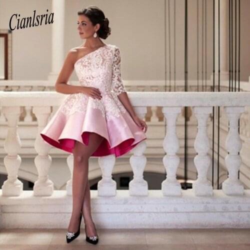 2020 Ball Gown Homecoming Dresses One Shoulder short prom dress robe de soiree Pink Evening Party Dress Sexy Cocktail Dresses