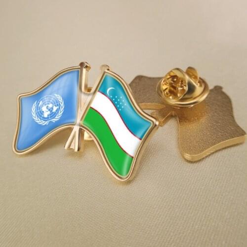 United Nations and Uzbekistan Crossed Double Friendship Flags Lapel Pins