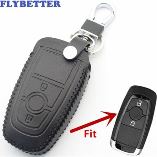 FLYBETTER Genuine Leather 2Button Keyless Entry Smart Key Case Cover For Ford EcoSport Car Styling L501