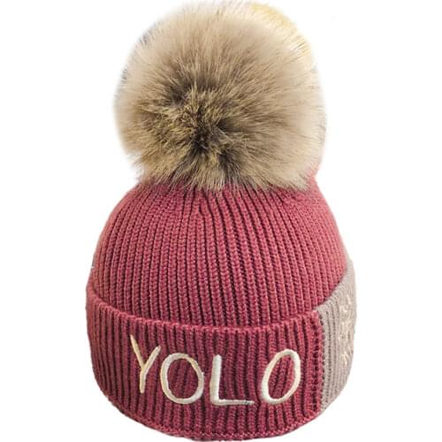 New Double-layer childrens hat winter color-matching woolen cap baby warm YOLO letter knitted hats with plush balls for 6-36M
