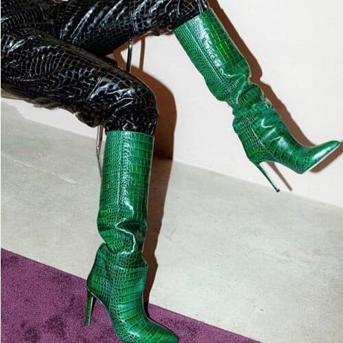 Women Sexy Pointed Toe Stiletto Heel Knee High Boots Yellow Blue Snake Leather Long High Heel Knight Boots Slip on Python Boots