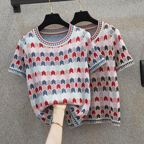 EHQAXIN 2021 Summer Plus Size Womens French Plaid Sweater T-Shirt Fashion Round Neck Short Sleeve All-Match Pullover Tops M-4XL