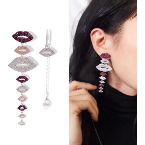 European Fashion Sexy Lips Earrings For Women Pavé Crystal Asymmetric Stud Earrings Exquisite Temperament Party Jewelry