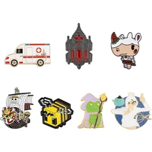 Cute Ambulance Church Lapel Pin Magic Frog Pixel Bee Brooch Game Animal Crossing Anime Straw Hat Pirate Group Sailing Boat Badge