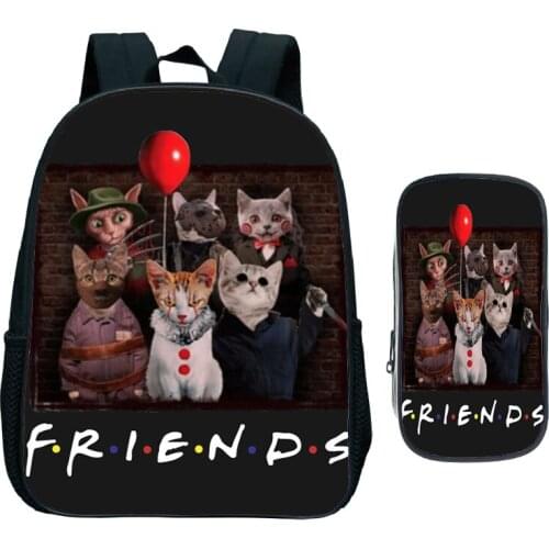 Cute Friends-cat 2pcs Set Backpack Children Kids Bags Kindergarten Cute Beautiful Pattern Rucksack (Backpack Pen Bag)