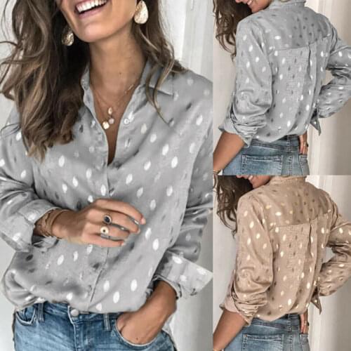 Fashion Womens Long Sleeve Loose Polka Dot Shirt Ladies Casual T-shirt Tops Plus Size S-2XL