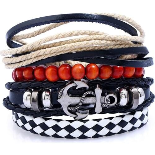 CHENFAN European and American Navy wind alloy ship anchor combination Bracelet men retro personality woven cow leather bracelet