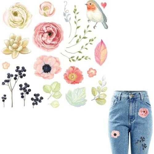 Flower Set Iron-On Transfers Bird Leaves Flower Applique Diy Heat Transfer Garment Accessory Washable New Girls T-Shirt Jeans