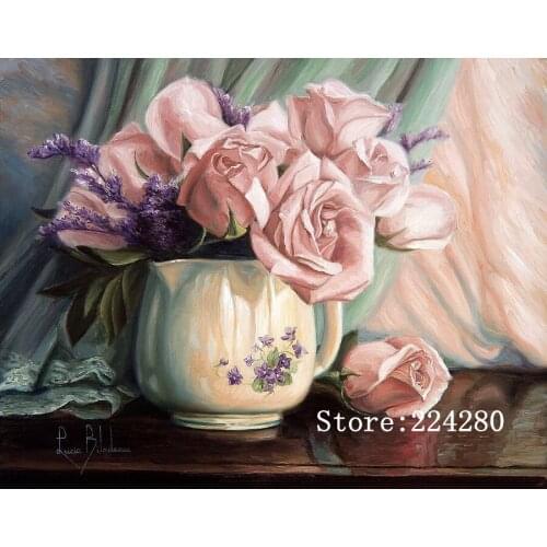 Needlework Pink Rose Flowers Oil Painting Art 14ct Canvas Unprinted Handmade Embroidery Cross Stitch Kits Set DIY Home Decor