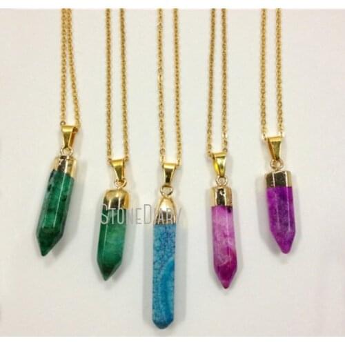 H-QN23 5PCS Mix Color Hearling Crystal Necklace 24K Gold Color Crystal Pillar Agat Point Pendant Necklace