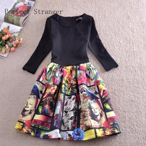 Free Shipping High Quality Western Style Elegant Marilyn Monroe Printed Three-quarter Sleeve Collect Waist Dress Black