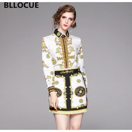 BLLOCUE Autumn Runway Suit Set Womens Long Sleeve Golden Printed Blouses Shirts + Vintage High Waist Mini Skirt 2 Piece Sets
