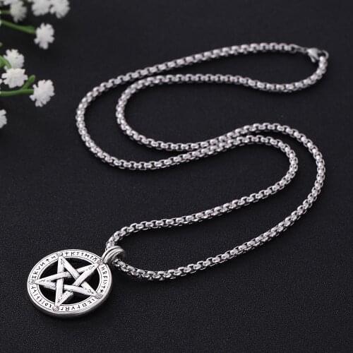Skyrim Silver Color Pentagram Round Amulet Pendant Necklace Stainless Steel Chain Wiccan Viking Runes Necklaces for Women Men