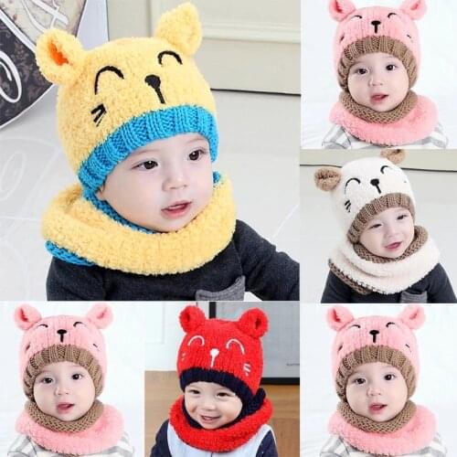 Baby Toddler Girls Boys Warm Hat Winter Beanie Hooded Scarf Earflap Set Beanie Knitted Cap For 0-3T