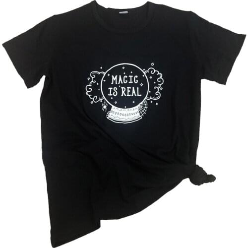 Magic Crystl Halloween Aesthetic Yellow Tops Girl Shirts MAGIC IS REAL Hipster T-Shirt Kawaii Printed Casual Stylish Graphic Tee