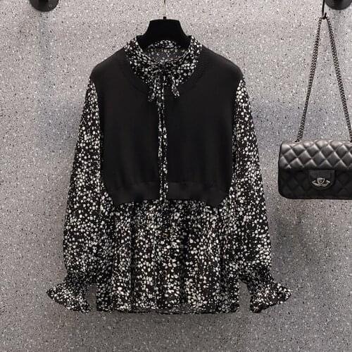 Floral Knitted False Two Piece Chiffon Plus Size Korean Autumn Elegant Fashion Blouses And Tops WomenS Oversize Shirt Clothing