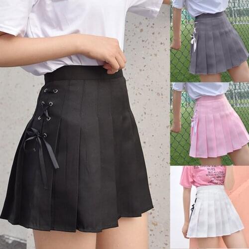 Student Campus Uniform Women Solid Color High Waist Lace-up Pleated Short Skirt Sexy A Version Bust Mini Sports Dance Skirts
