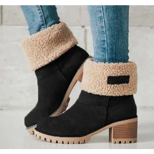 Big size 35-43 Women Boots Female Winter Shoes Woman Fur Warm Snow Boots Square High Heel Ankle Boots Black Green botas mujer