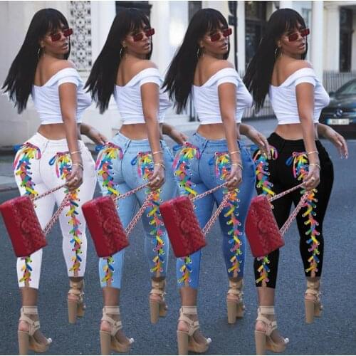 2021 Autumn Women Jeans Fashion Behind Colorful String Bandage High Waist Denim Pants Stretchy Pencil Jeans High Quality S-3XL