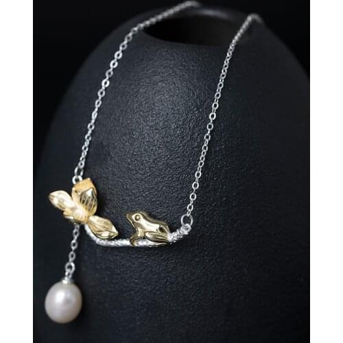 VLA 925 Silver Creative Lovely Frog Necklace Womens National Style Pearl Lotus Leaf Pendant Temperament Gentle Jewelry