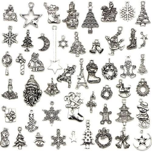 50PCS/Set Bulk Lots Tibetan Silver Mix Christmas Pendants Charms Jewelry Making
