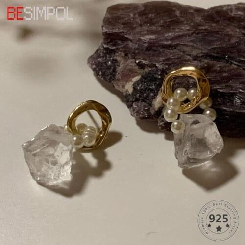 Besimpol Genuine 925 Sterling Silver Stud Earrings Unique Design Irregular Translucent Crystal Earrings For Women Fine Jewelry