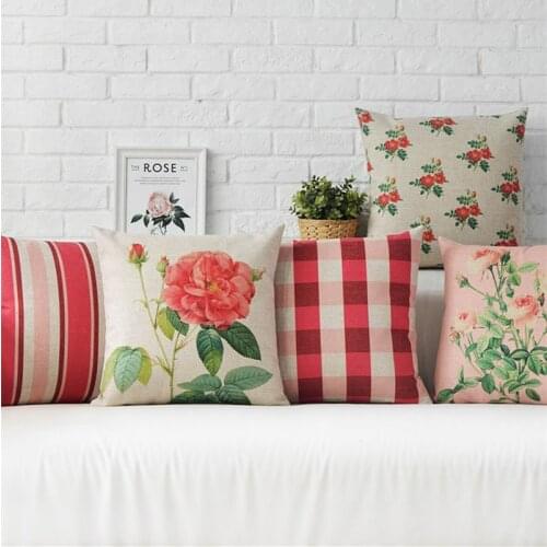 Nordic Rural Coral Pink Rose Home Decor Pillow Plaid and Stripers Linen Cotton Cushion Decorative Throw Pillows Free Shipping