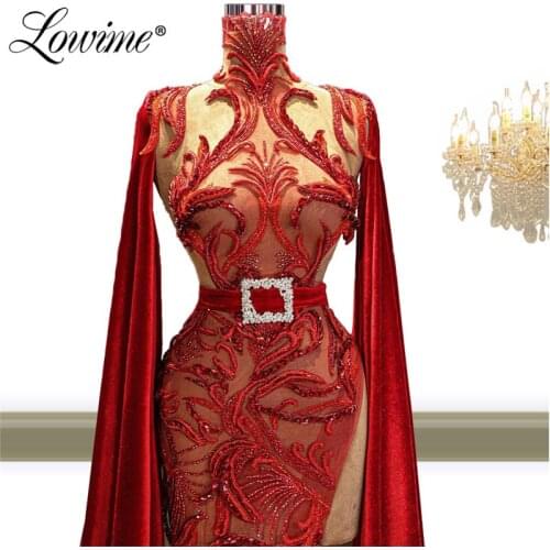 Red Carpet Long Mermaid Evening Dresses Long Sleeves Lace Beaded Prom Gowns Soft Velvet Women Special Occasion Dresses Robes