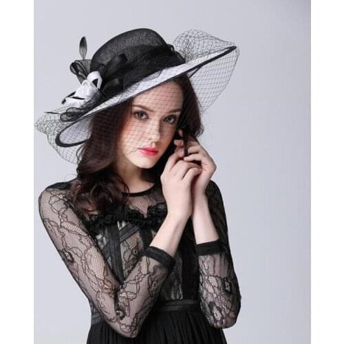 Elegant Mesh Fedoras Ladies Hat Flower Wide Brim Dinner Banquet Beach Sunscreen Summer Female Cap Melbourne Cup Girl Caps H6623