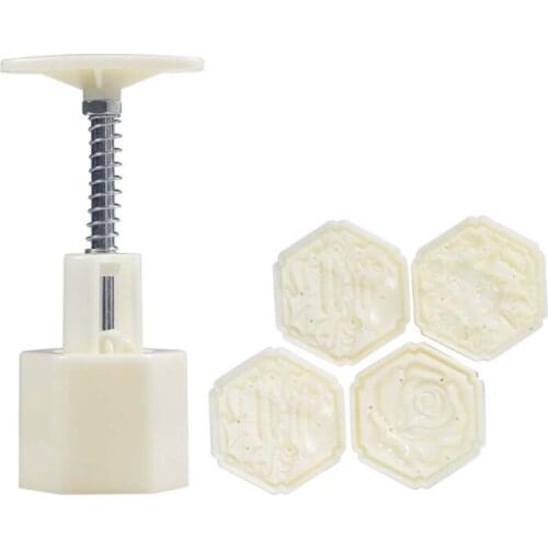 50g Mooncake Barrel Mold with 4pcs Square Flower Stamps Hand Press Moon Cake Pastry Mould DIY Bakeware