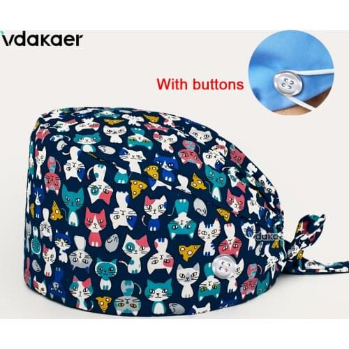 Cartoon cat print Pet clinic work cap Doctors Elastic cap Medical surgeon cap surgery hat veterinary cap with button